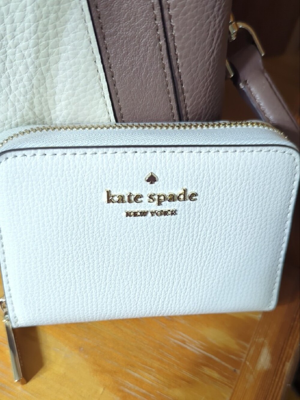 kate spade Two-Tone Pebbled Leather Tote and Wallet in White and Taupe - Picture 3 of 4